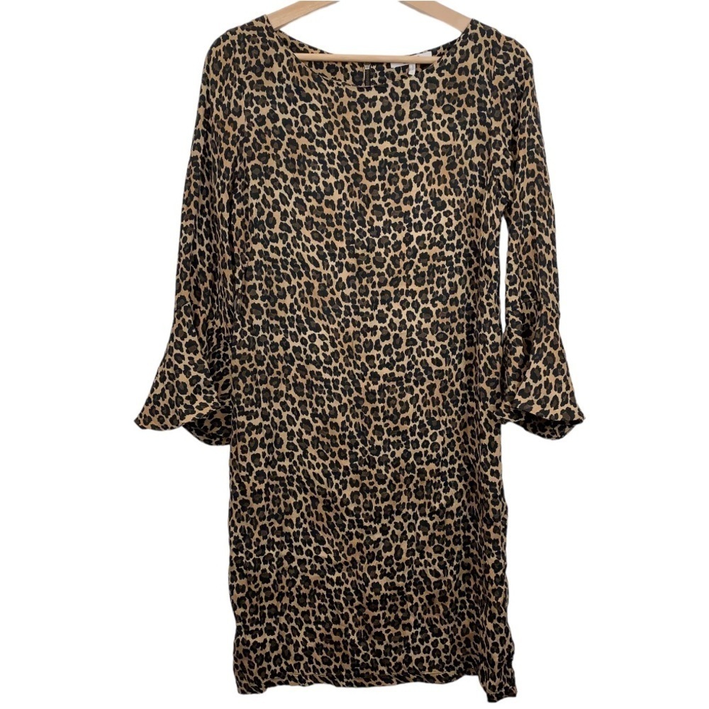 Three Dots Cheetah Animal Print 3/4 Sleeve Boat Neck Sheath Dress sz Small